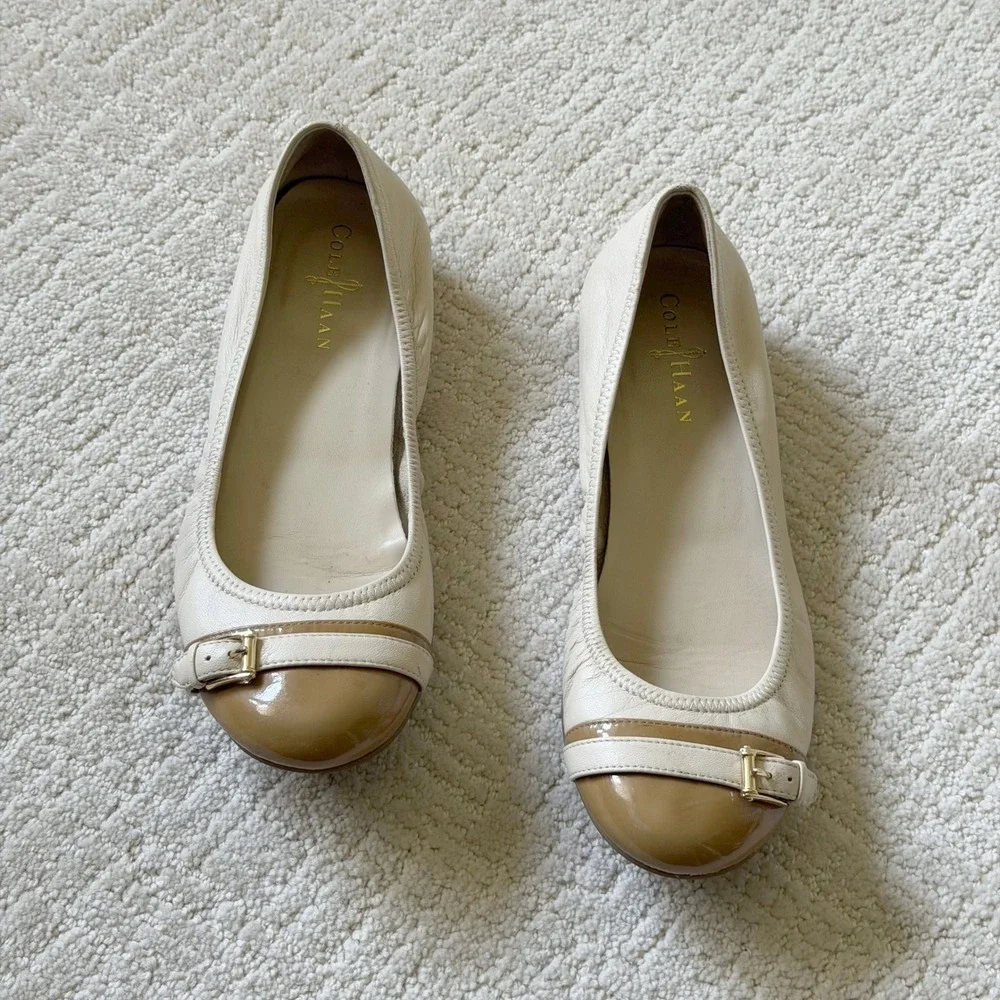 Cole Haan Nike Air Tali Ballet Flats Cream Tan Patent Cap Toe Buckle D37325 8.5